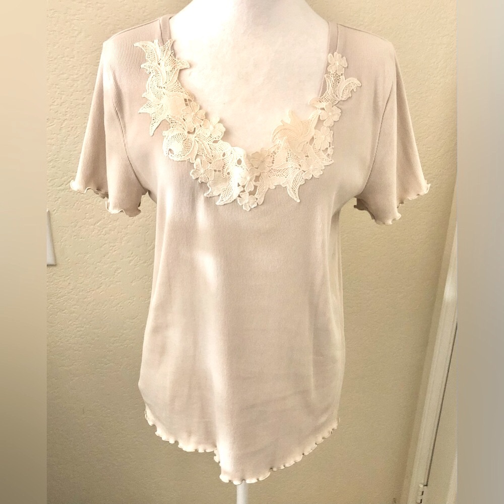 LOFT Cream Short Sleeve Top with Lace V-Neck